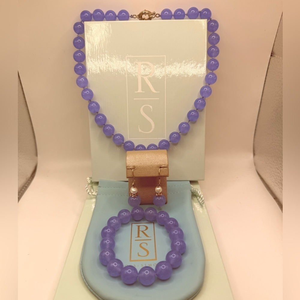 Ross-Simons 10mm Lavender Jade Necklace Bracelet Earrings Set